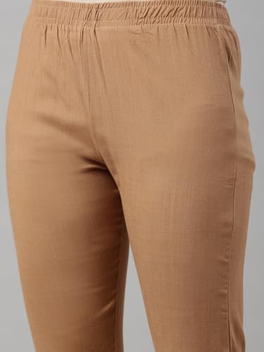 Image of MINELLI Women Solid Cigar Pants, Cotton Lycra Slub Fabric, Elasticated Waistband, Pull On Style, Regular Fit Bottom Wear for Western and Ethnic Wear