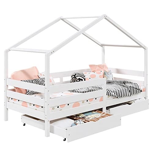 IDIMEX Lit cabane ENA lit Enfant Simple 90 x 190 cm, avec 2 tiroirs de Rangement, en pin Massif lasuré Blanc