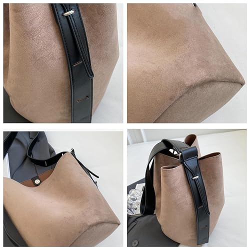 Image of Women Suede Bucket Shoulder Bag Fashion Vegan Leather Slouchy Hobo Bag Office Tote Handbag Crossbody Designer Purse