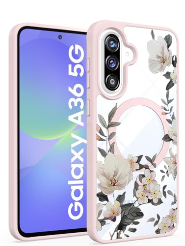 Image of VONZEE Compatible with Samsung Galaxy A36 5G Case Luxury Retro Flowers Floral Clear for Magnetic Wireless Charging Case Shockproof Case PC+TPU Cute Glossy Shiny Cover for Girls Women, Pink