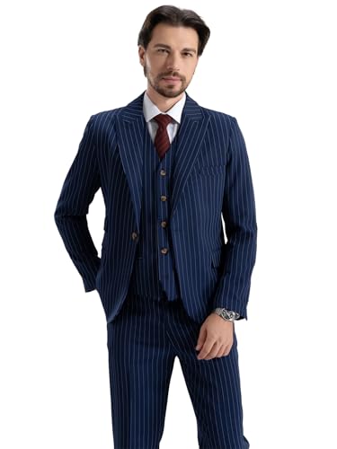 Men's Pinstripe Suit 3 Piece One Button Slim Fit Striped Suits for Men Business Wedding Party Blazer Vest& Pants Set