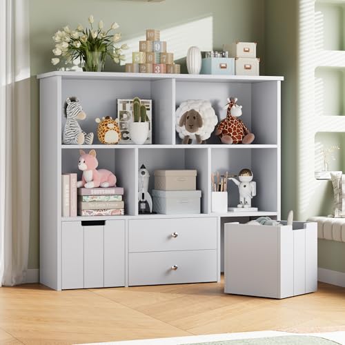 Image of FOTOSOK Toy Storage Organizer with 4 Drawers, Toy Organizers and Storage with Concealed Wheels and 5 Storage Cubbies, Multifunctional Storage Chest Storage Organization, Playroom Furniture, Grey