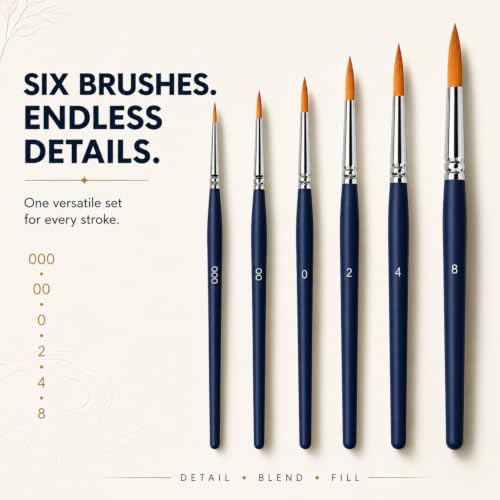 Image of Professional Artist Paint Brush Set of 6 | Round Pointed Tip Brushes in Sizes 000, 00, 0, 2, 4 & 8 | Fine Detail Painting Brushes for Acrylic, Watercolor, Poster Colour, Canvas & Craft, Oil Painting