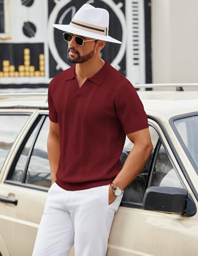 Image of COOFANDY Mens Knit Polo Shirts V Neck Textured Polo Shirts Short Sleeve Breathable Polo Casual Collared T Shirt Fashion Tops