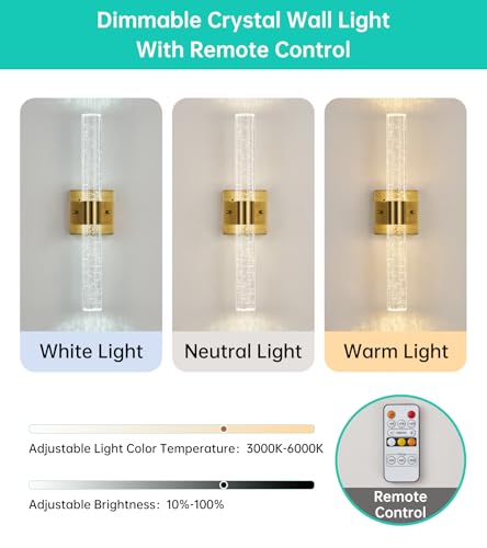 Image of Modern Crystal Wall Sconce Set of 2, Dimmable LED Bathroom Vanity Light ing Fixtures, with Remote Control, Bubble Cylindrical Wall Lights for Bathroom Bedroom Living Room Hallway,Brass