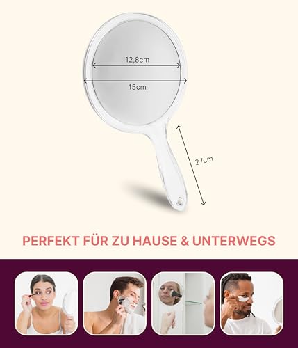 Foto von Fantasia Beauty Handspiegel mit 5-fach Vergrößerung – Schminkspiegel leicht & handlich, Ø 15 cm, ideal für Make-up, Rasur & Reisen – Kosmetikspiegel doppelseitig, robust & kompakt