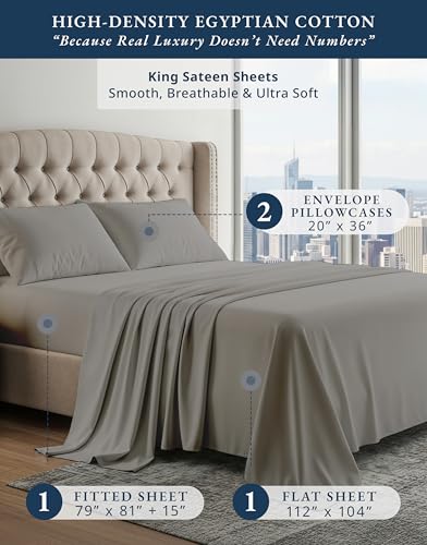 100% Egyptian Cotton King Sheet Set – Naturally Cooling & Breathable Sateen 4 Piece King Sheets, Authentic Long-Staple Cotton for Lasting Softness, Snug Fit 15" Deep Pocket Fitted - Charcoal - Image 2