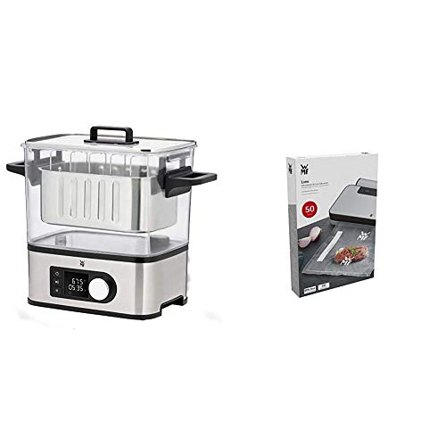 WMF LONO 2in1 Sous Vide Garer Pro mit Slow-Cook Einsatz, Vakuum garen, Schongaren, Wasserbhälter 6,0l, 1500W & Lono Vakuumbeutel für Vakuumiergerät, 50 Stück, 20 x 30 cm, 4 lagige Folie, transparent