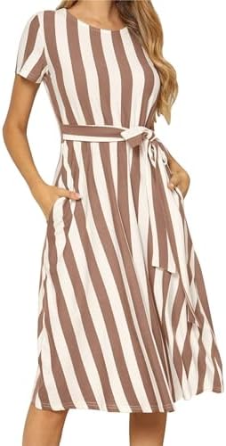 levaca Women's Short Sleeve Striped Casual Flowy Midi Belt Dress with Pockets