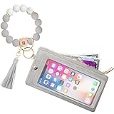 COOLANS Wristlet Bracelet Keychain Pocket Credit Card Holder Purse Tassel Keychain Bangle Key Ring for Women (Silicone Bead Bracelet+Cell Phone Purse(Grey))