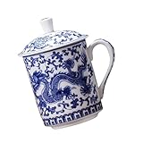 HOLIDYOYO Taza de Azul y Blanca con Tapa Taza Grande para Bebidas para Hogar y Oficina Vaso Decorativo para y Jugos