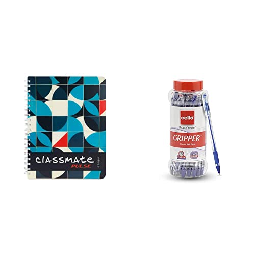 Image of Classmate Premium 6 Subject Spiral Notebook - 203Mm X 267Mm, Soft Cover, 300 Pages, Unruled & Cello Gripper Ball Pen (25 Pens Jar - Blue) | Ball Pens With Elasto Grip For Pressure Free & Fine Wr