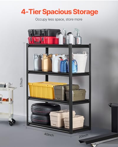 Image of VEVOR Storage Shelves, 2400 lbs, 4 Tier Garage Storage Shelving, 20 inch D x 40 inch W x 57 inch H Adjustable Metal Shelves for Garage Shelves Utility Rack Shelf, Ideal for Kitchen, Warehouse, Basement, Black