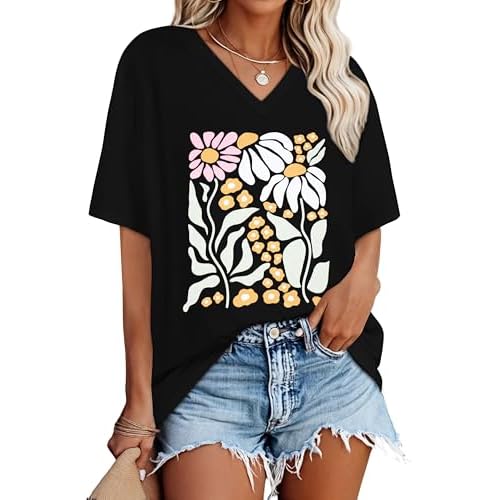 Oversized Tshirts for Women V Neck Short Sleeve Summer Casual Basic Loose Tops,Black Colorful Flower,S