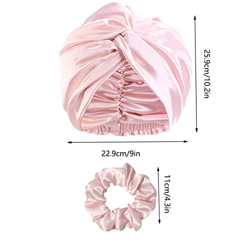 Satin Hair Wrap for Sleeping Pink Satin Bonnet Double-Sided Sleep Cap Sleep Turban Hair Bonnet with 2 Pcs Hair Scrunchies for Curly Hair Women Silk Sleep Cap with Elastic Bow Stay On Head - Image 3