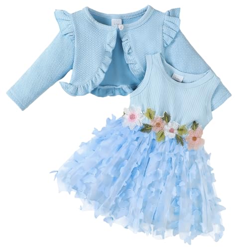 DivingBirds Vestido de niña y cárdigan para bebé, conjunto de 2 piezas, estampado floral, mariposa, vestidos de tul, manga larga, abrigo de gofre, ropa para niñas de 3 meses a 3 años, azul mariposa