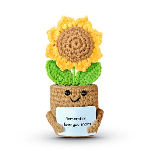 SOL VIBES Mini Sunflower Mom Gifts from Daughter Son Kid Handmade Crochet Mothers Day Christmas Birthday Gift with Card Remember I Love You Mom Positive Emotional Present Cute Small Stuff Things