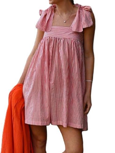 Image of Women Tie Shoulder Mini Dress Floral Ruffle Babydoll Dress Boho Square Neck Sundress Cute Summer Dresses