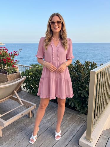 Image of Dokotoo Womens Summer Dresses 2026 V Neck A Line Short Sleeve Casual Ruffle Babydoll Mini Dress