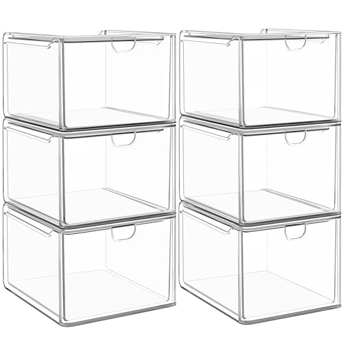 Image of caktraie 6 Pack Small Clear Stackable Acrylic Storage Boxes for Art Tool & Sketch, Stroage Drawers, Makeup Organizer, Plastic Storage Bins For Vanity, Kitchen Cabinets, Pantry, Home Organization