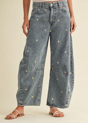 CHARTOU Women Embroidered Barrel Jeans Floral Baggy Jeans Loose Mid Rise Wide Leg Denim Pants with Pockets2