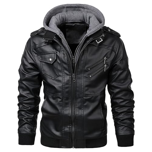 Men's Retro Hooded Leather Jacket Slim Fit Bomber Casual Leather Hoodie Moto Vintage Pu Coat With Removable Hood