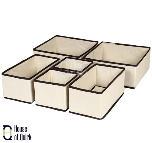 Image of House of Quirk Non-Woven Foldable Cloth Storage Box Closet Dresser Drawer Organizer Cube Basket Bins Containers Divider with Drawers for Clothing for Underwear,Bras,Socks,Ties,Scarve,Set of 6 (Beige)