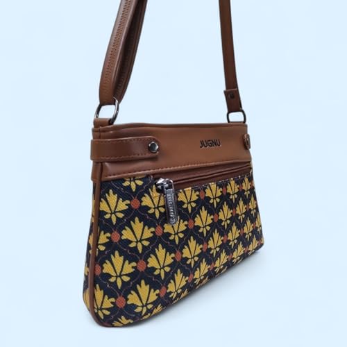 Image of JUGNU Sling Bag for Women, Jute Fabric, Crossbody Style, Slim Design, Multicolour, Medium Size, Lightweight, Adjustable Strap, Zipper Closure, 5 Pockets
