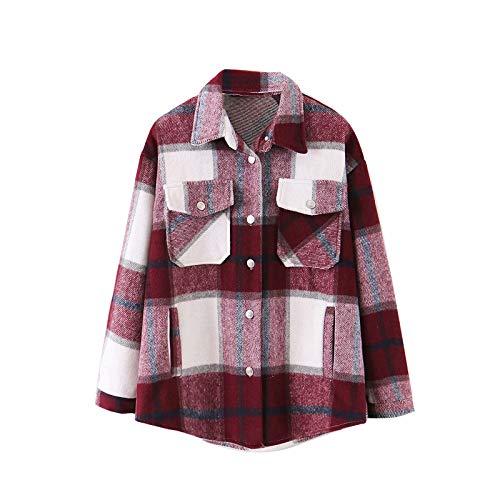 Women's Casual Wool Blend Plaid Button Down Long Sleeve Shacket Jacket Coat Warm Shirt Loose Oversize Blouse (Wine Red, M)