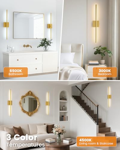 Image of VOLISUN 7800mAH Battery Operated Wall Sconces Set of Two, Rechargeable Wall Sconces with Remote, 3000K-6500K Dimmable Wireless Wall Lamp, 28'' Wireless Wall Lights for Bedroom, Living Room(Gold)