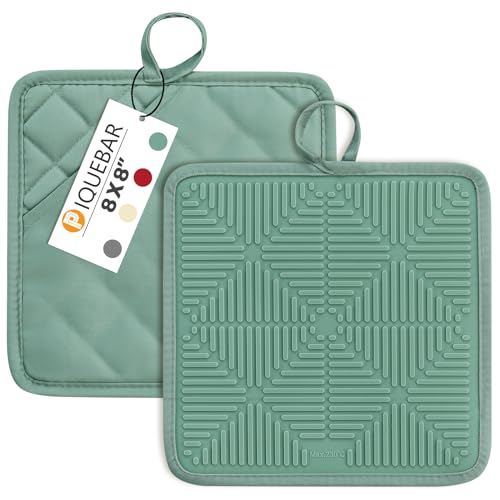 PIQUEBAR Pot Holders Heat Resistant 450? Oven Hot Pads Anti-Slip Silicone Potholder with Cotton Pockets, Multipurpose Trivets for Kitchen Cooking, Baking 2 Pack (Blue Green)