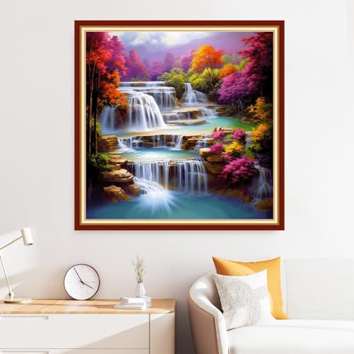 Image of Disxvivy Cross Stitch Stamped Full Embroidery Kits DIY 11CT Cotton Thread Printed DIY Needlepoint Kits Craft Needlework Set Cross-Stitch Stamped Sets-Vernal Fall 18x18 inch