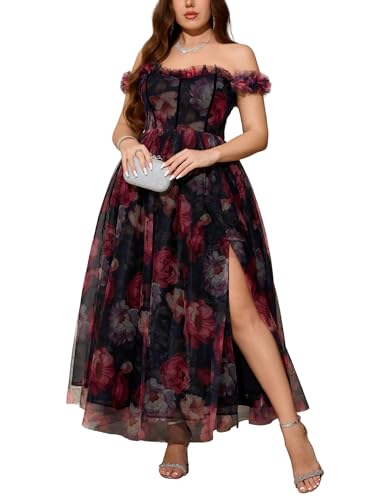 Women's Floral Wedding Guest 2025 Off Shoulder Dress Split Tulle Cocktail Party Formal Maxi Dresses