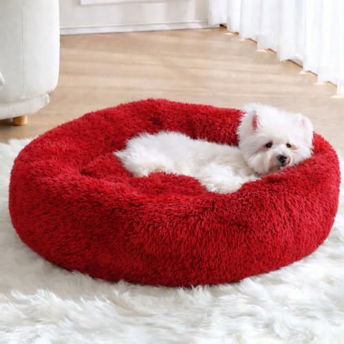 Image of ZEXSAZONE Plush Donut Dog Bed for Dogs & Cats | Soft Calming Anti-Anxiety Pet Bed | Warm Cozy Winter Dog Bed for Puppies | Washable Round Bed (Red Small)