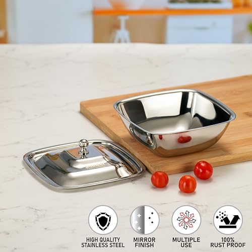 Image of Sumeet Stainless Steel Square Serving Bowl /Curry Bowl /Gravy Pot with lid, 900ml capacity, 17cm Dia, Silver