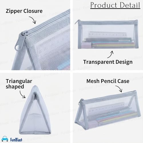 Image of FunBlast Mesh Pencil Case with Smooth Zipper, Single Layer Multi-Purpose Stationary & Pen Pouch for Boys & Girls, Transparent Stationary Bag, Organizer Pouch for Student (Light Grey-C)