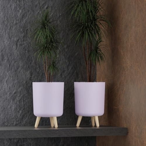 Image of StyleX Store Modern Flower Pot with Plastic Legs | Indoor Outdoor Planter for Home Garden Balcony Decor Ribbed Design Sturdy Plastic Mid-Century Style (Lavender Pack of 2)