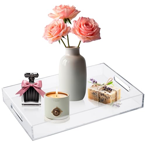 MYFULLY Bandeja de acrílico transparente para servir de 10 x 15 pulgadas, bandejas decorativas a prueba de derrames con asas para mesa de café, baño, cocina y almacenamiento en la encimera