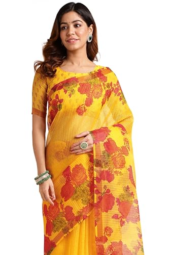 Image of MIRCHI FASHION Lightweight Kota Doria Cotton Saree | Floral Printed Summer Saree for Women | Breathable Ethnic Daily Wear Saree with Blouse Piece