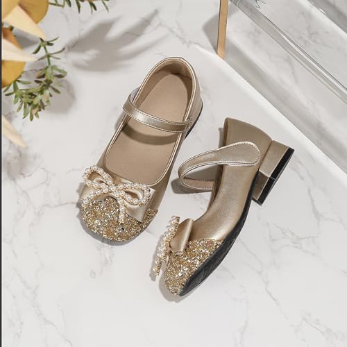 IWIHMIV Girls Dress Mary Jane Shoes Flower Girls Wedding Party Low Chunky Heels Leather Shoes with Bow for Toddler4