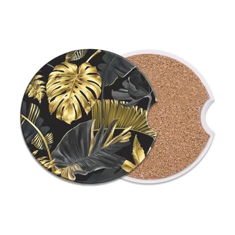 2 Pcs Absorbent Ceramic Coasters, Drink Coasters for Car (Golden Leaf) Cover