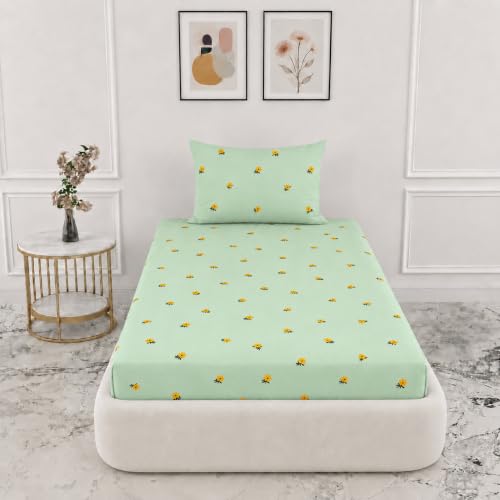 Image of EVERLUSH Single Size (36x72) 300 TC Soft Cotton Feel Microfiber All Around Elastic Fitted Single Bedsheet with 1 Pillow Cover | Small Yellow Flower