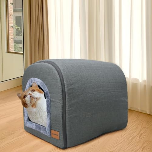 Whiwhi Katzenhöhle für Drinnen Katzen Höhlenbett mit Plüsch Katzenkissen Schlafhaus Haustierhaus Faltbares Hundehöhle 45x35x35cm(Dunkelgrau)