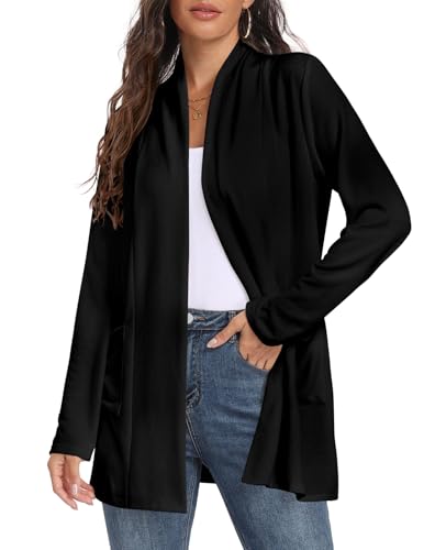 Kinnette Womens Long Sleeve Lightweight Cardigan Open Front Casual Draped Cardigans with Pockets (Black, XL)