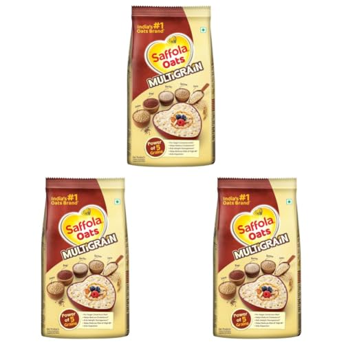 Image of Saffola Oats Multigrain | 480g | 5 Super Grains-Rolled Oats, Ragi, Quinoa, Jowar, Barley | Helps Reduce Cholesterol, Helps Manages Weight, Reduce Risk of High BP, Aids Digestion (Pack of 3)