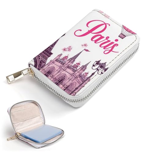 Pu Leather Credit Card Holder for Women, Slim Card Organizer Case Money Bag with 20 Slots Pink Paris Eiffel Tower Zipper Mini Wallet2