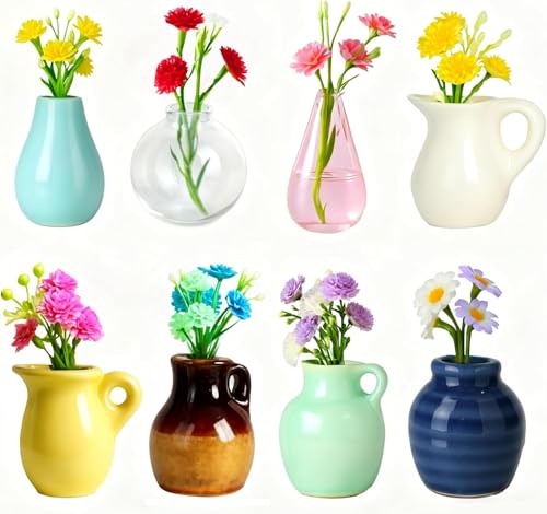 Mini jarrón de cerámica para nevera, jarrón decorativo magnético para refrigerador con flores, para refrigerador, cocina, decoración de oficina (8 piezas)