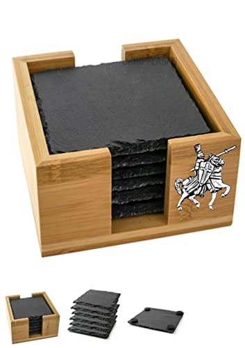 Mounted Knight pp-h02 - Sottobicchieri quadrati in ardesia con motivo in peltro, 3,4 x 4,2 cm