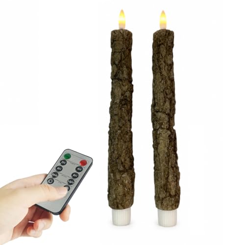Image of Tree Bark Flameless LED Taper Candles, 10 Inch Flickering Wax Candles with Remote & Timer, Battery Operated Dripless Tapered Candle for Home Wedding Decor, 2Pack
