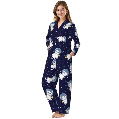 Image of Women'S Long Sleeve Pajama Set Soft Loungewear Button-Down Top & Elastic Waist Pants S- 2XL